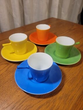 Japanese Porcelain MCM Espresso Cup & Saucer Set - Blue, Yellow, Orange, Green